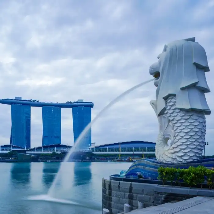 a statue of a lion with a body of water spraying out of it - Singapore Visa
