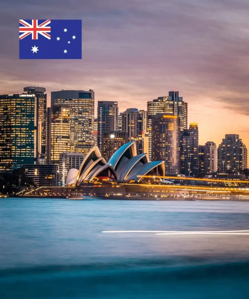 a city skyline with a australia flag